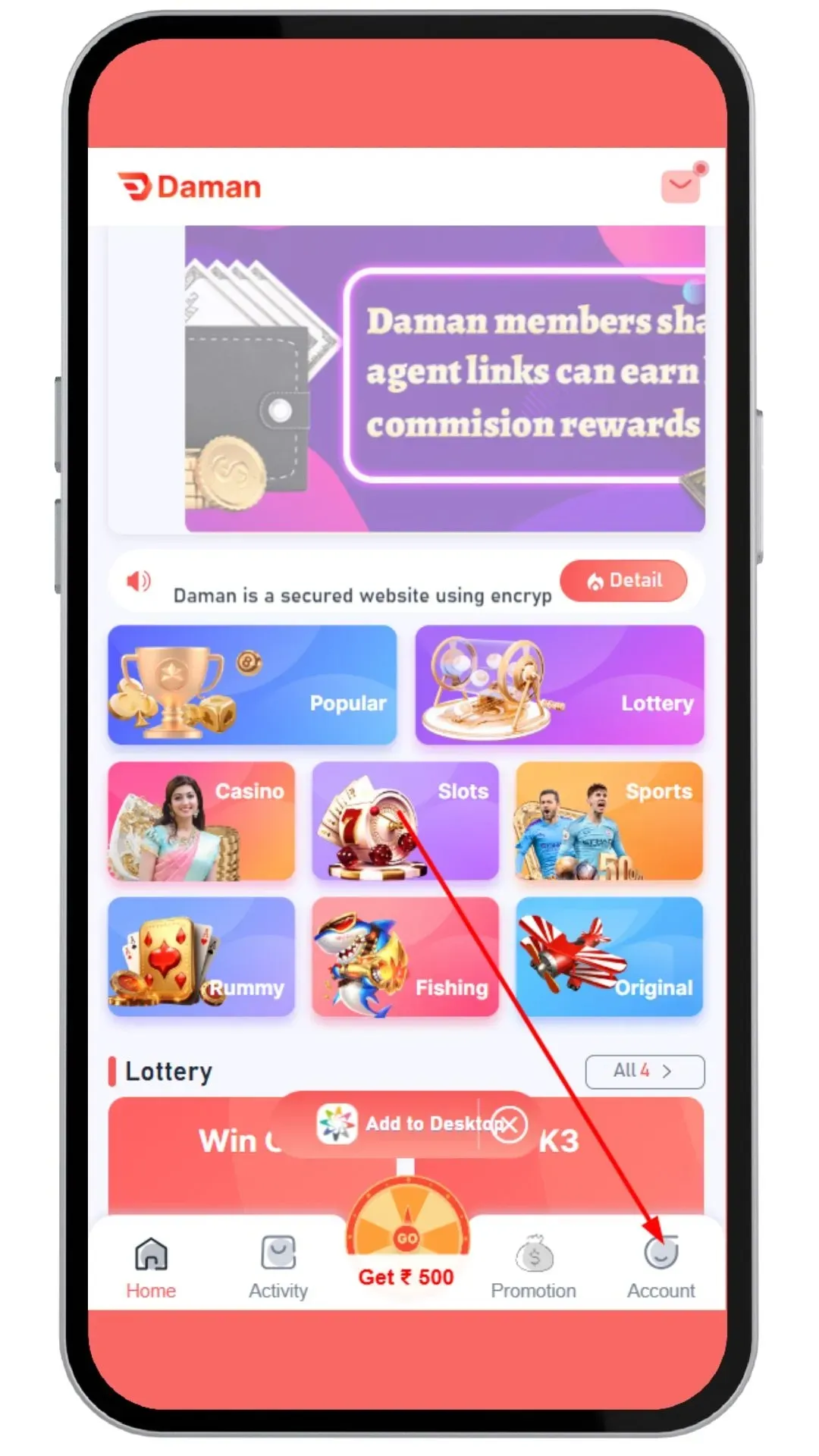 Go to account section